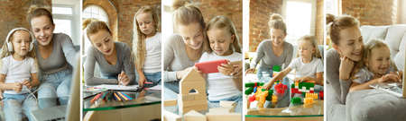 Collage of images of two people, happy mother and daughter playing, sitting at home, indoors....