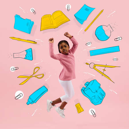 Artwork. Conceptual image with little preschool age girl and drawned school supplies, notes, pen,...