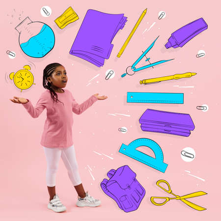 Conceptual image with little preschool age girl and drawned school supplies, notes, pen, brush and...