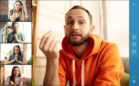 Team working by group video call share ideas brainstorming use video conference.