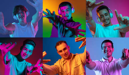 Portraits of young men gesturing isolated on multicolored background in neon light, collage. Horizontal poster, collage made of 6 models.の写真素材