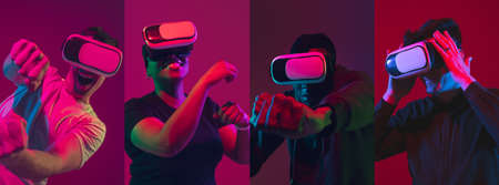 Modern digital technology. Portraits of group of people in VR headset isolated on multicolored...