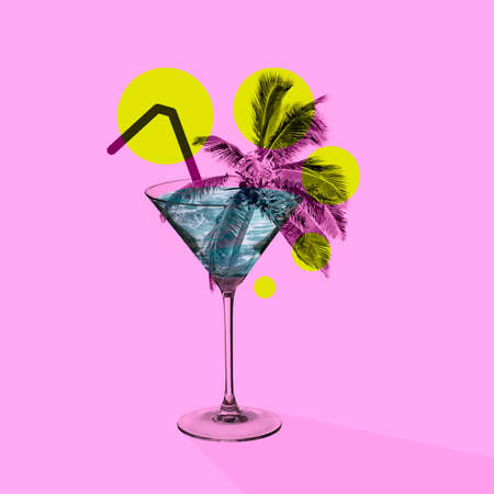 Contemporary art collage, modern design. Party mood. Tropical palm tree in giant martini cocktail glass.の写真素材
