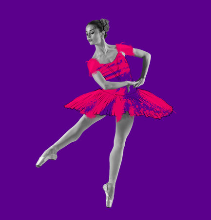 Young beautiful graceful ballerina in drawn dress, outfit or tutu isolated on purple background. Illustration, painting. Concept of beauty, grace and calssic ballet artの写真素材