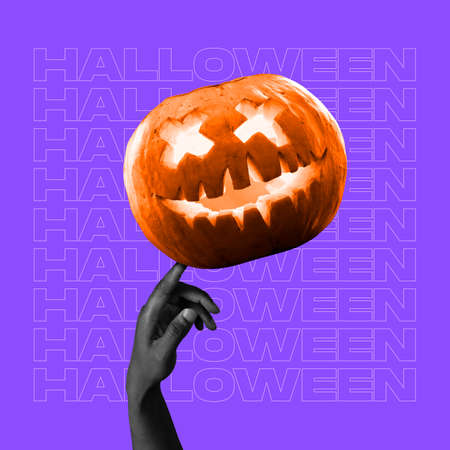 Contemporary art collage. Male hand touching creepy, scary Halloween pumpkin isolated on purple background, the night of fear. Holiday, festive traditions conceptの写真素材
