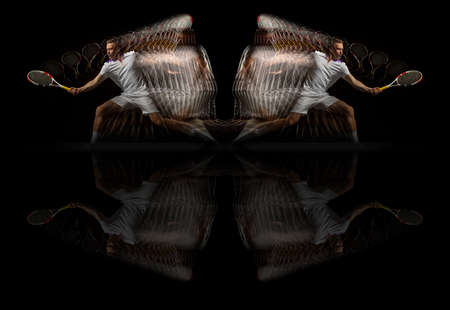 Collage of images of one young man, male tennis player in motion and action isolated on dark...