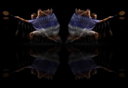 Collage of images of one young man, male tennis player in motion and action isolated on dark...