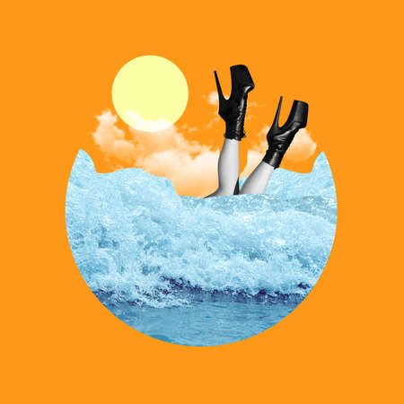 Contemporary art collage, modern design. Summer time mood. Composition with female legs and sea isolated on bright trendy background.の写真素材