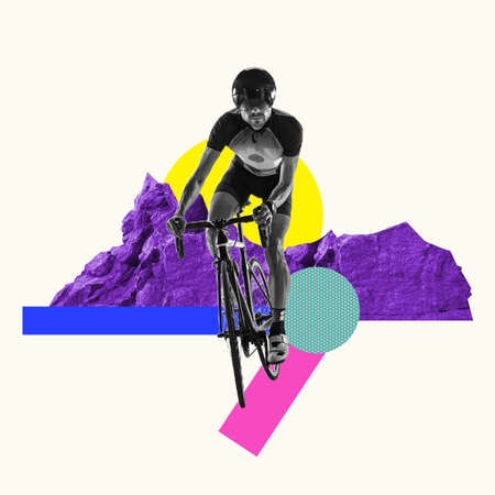 Modern design, contemporary art collage. Inspiration, idea, trendy urban magazine style. Composition with male cyclist and colored mountains on pastel backgroundの写真素材