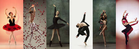 Collage of portraits of male and female ballet dancers dancing isolated on dark vintage background. Concept of art, theater, beauty and creativityの写真素材