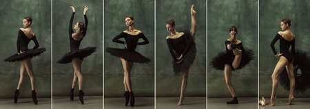 Composite image of one beautiful ballerina in black stage costume, tutu dancing isolated on dark vintage background. Concept of art, theater, beauty and creativityの写真素材