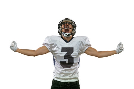 Winner, champion. Portrait of American football player training isolated on white studio background...