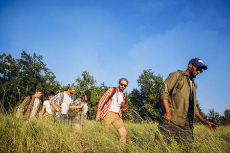 At outskirts of city. Group of friends, young men and women walking, strolling together during picnic in summer forest, meadow. Lifestyle, friendship,の写真素材