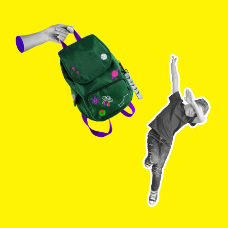 Conceptual image with happy little preschool boy preparing to school on bright neon green background. Back to school concept. Art collageの写真素材