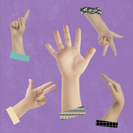 Modern design, contemporary art collage. Inspiration, idea, trendy urban magazine style. Children hands on purple backgroundの写真素材