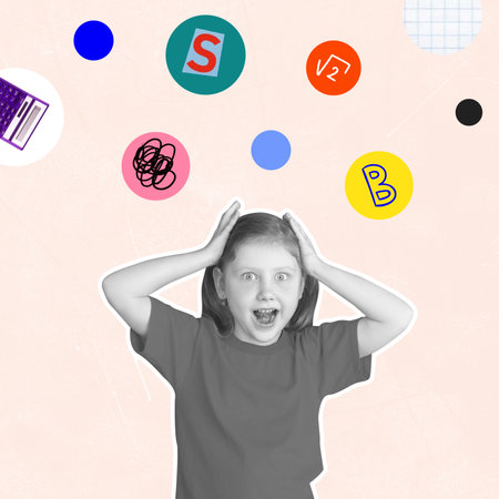 Modern design, contemporary art collage. Inspiration, idea, trendy urban magazine style. Composition with little preschool girl isolated on light backgroundの写真素材