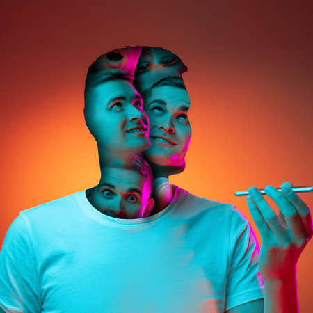 Conceptual image with crazy portraits of young man with mental disorders and split personality....