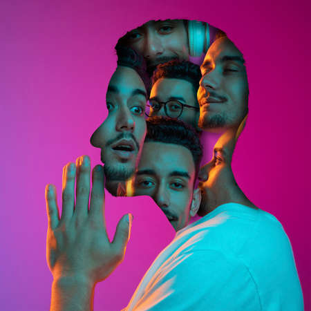 Conceptual image with crazy portraits of young man with mental disorders and split personality. Emotional chaos in a persons head. Art collageの写真素材