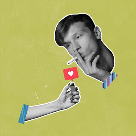 Art collage with young smoking man and social media activity sign, likes icon, heart shape over light background. Youth lifestyle, internet addiction, gadgets conceptの写真素材