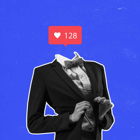 Art collage with girls headed of social media activity signs, likes icons, heart shapes over blue...