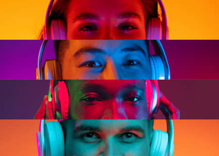 Collage of close-up male and female eyes isolated on colored neon backgorund. Multicolored stripes. Flyer with copy space for adの写真素材