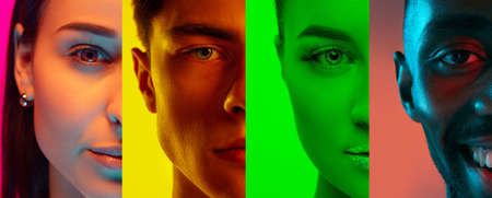 Cropped portraits of group of people, men and women on multicolored background in neon light, collage.の写真素材