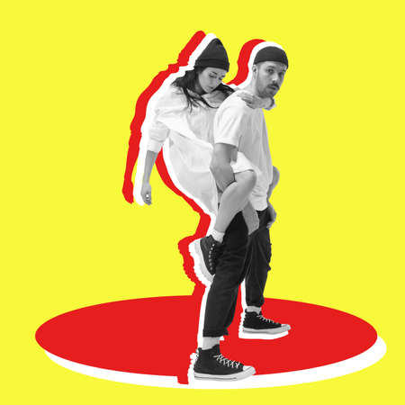 Minimal collage art. Young couple, man carries a woman on his back over yellow background