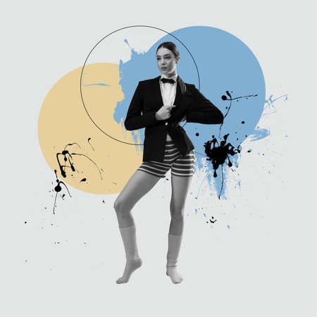 Combination of styles. Minimal art collage. One bw female fashion model in swimming trunks and classic jacketの写真素材