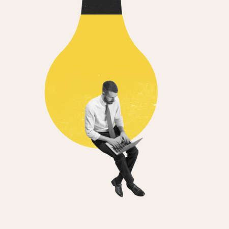 Young manager, finance analyst or clerk working at office isolated on light background. Collageの写真素材