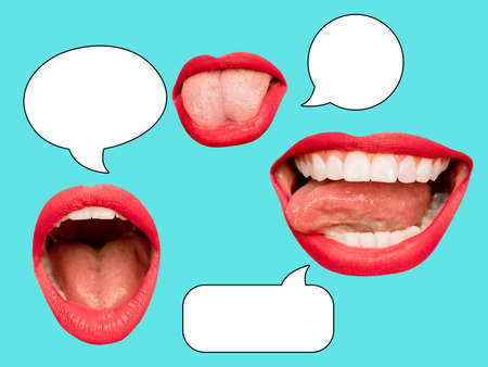Contemporary art collage. Inspiration, idea, trendy urban magazine style. Composition with female lips, mouth with speech bubbles background.の写真素材