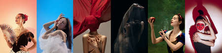 Collage of portraits of female ballet dancers dancing on studio background. Concept of art, theater,...