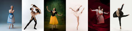 Collage of portraits of female ballet dancers dancing on studio background. Concept of art, theater, beauty and creativityの写真素材