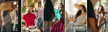 Young women looking for new attire. Concept of fashion, style, offers, emotions, sales, purchases. Brand new shopping.の写真素材