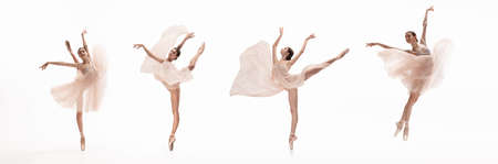 Collage of portraits of one young beautiful female ballet dancer with yellow fabric in action isolated on white background. Concept of art, theater, beauty and creativityの写真素材