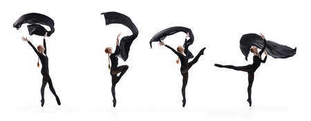 Collage of portraits of one young beautiful female ballet dancer in different images dancing isolated on white background. Concept of art, theater, beauty and creativityの写真素材