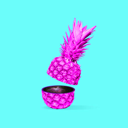 Contemporary art collage, modern design. Summer time mood. Purple big pineapple like casket on bright trendy neon background.の写真素材