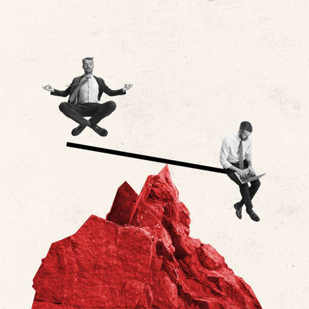 Keep balance in work tasks, goals. Young man, employee, office worker isolated on light background....