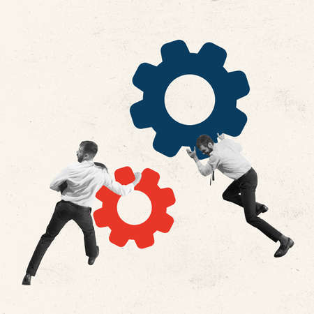 Colored gears. Young manager, finance analyst or clerk working hard at open space isolated on light background. Collageの写真素材