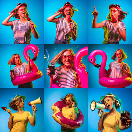 Summer vacation mood. Collage of Caucasian womans portraits isolated over blue studio background in...