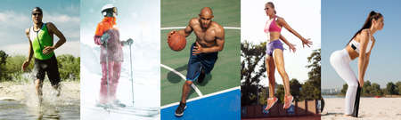 Collage about fit men and women at fitness training outdoors. Sport, training, athlete, workout, exercises conceptの写真素材
