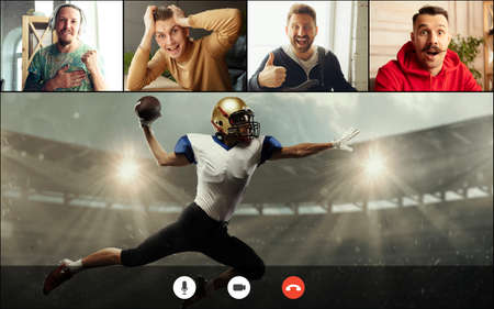 Four young people watching american football online, using video app. PC, laptop screen with one...