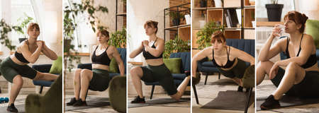 Young sportive woman training at home, indoors. Sport, training, athlete, workout, exercises and healthy lifestyle concept. Collageの写真素材