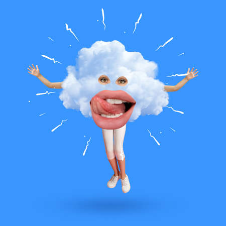 Modern design, contemporary art collage. Inspiration, idea, trendy urban magazine style. Big cloud with mouth, eyes and hands and legs on colored backgroundの写真素材