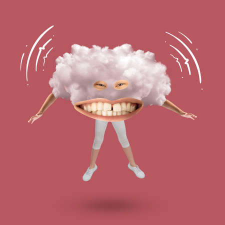 Modern design, contemporary art collage. Inspiration, idea, trendy urban magazine style. Big cloud with mouth, eyes and hands and legs on colored backgroundの写真素材