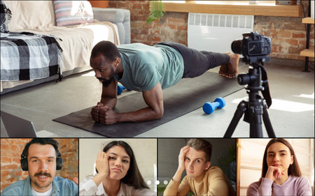 Collage, composite image. Group of young people watching online sport trainings, lessons using video app. PC, laptop screen with fitness coach and spectators, fans.の写真素材