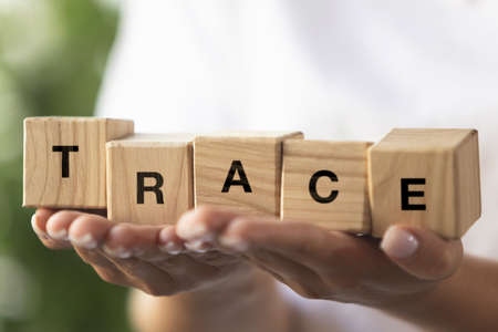 Female hands holding wooden cubes, blocks word TRACE. Conceptual image about human rights, education, social issues, support, mental health, education and personal development.の写真素材
