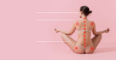 Perfect slim tanned young girl or fit naked woman at studio. Posture correction, sports, healthy...