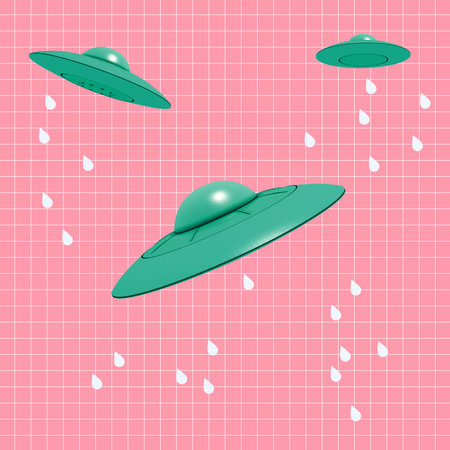 Contemporary art collage, modern design. Retro style. Three UFO with rain drops on pink backgroundの写真素材