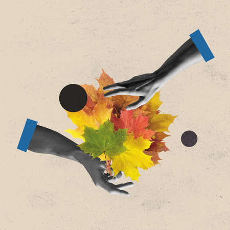 Minimalism, contemporary art collage. Inspiration, idea, trendy urban magazine style. Autumn mood, beauty and nature concept. Artworkの写真素材