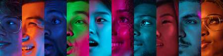 Cropped portraits of group of people on multicolored background in neon light. Collage made of 6 modelsの写真素材